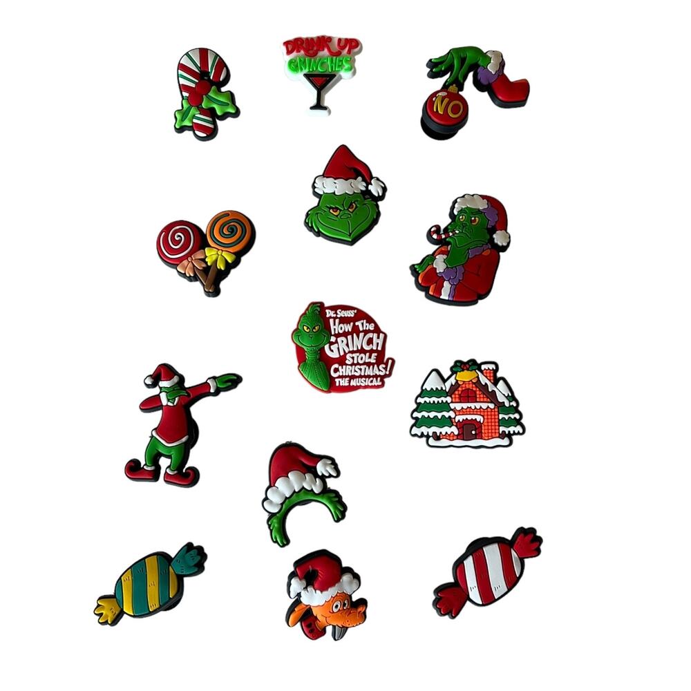 NEW Grinch Christmas SHOE CHARMS 13pc for Croc Clogs Shoes Zippers Backpacks +